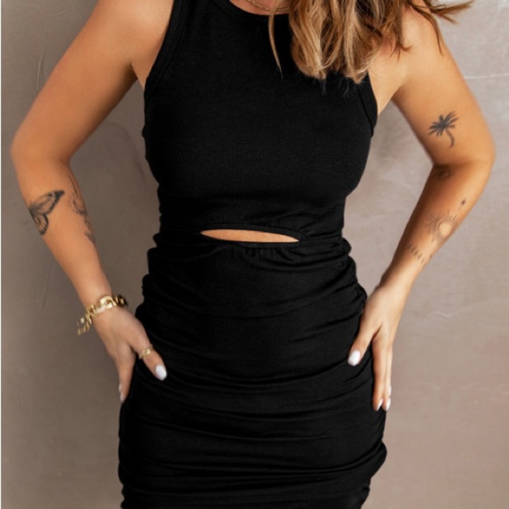 Black Ribbed Drawstring Ruched Mini Dress with Slit
